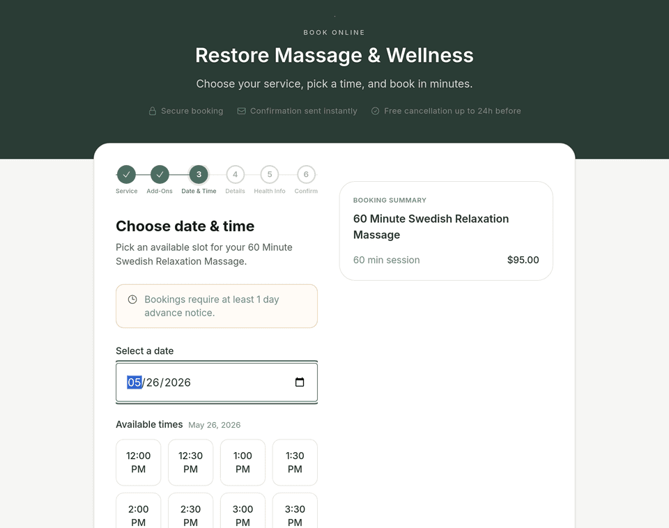 Public Kneadly booking page for Restore Massage & Wellness — Date & Time step showing a calendar date picker and grid of available time slots for a 60 Minute Swedish Relaxation Massage.