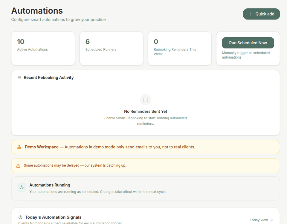 Kneadly Automations dashboard showing active automation counts, scheduled runners, and Recent Rebooking Activity.